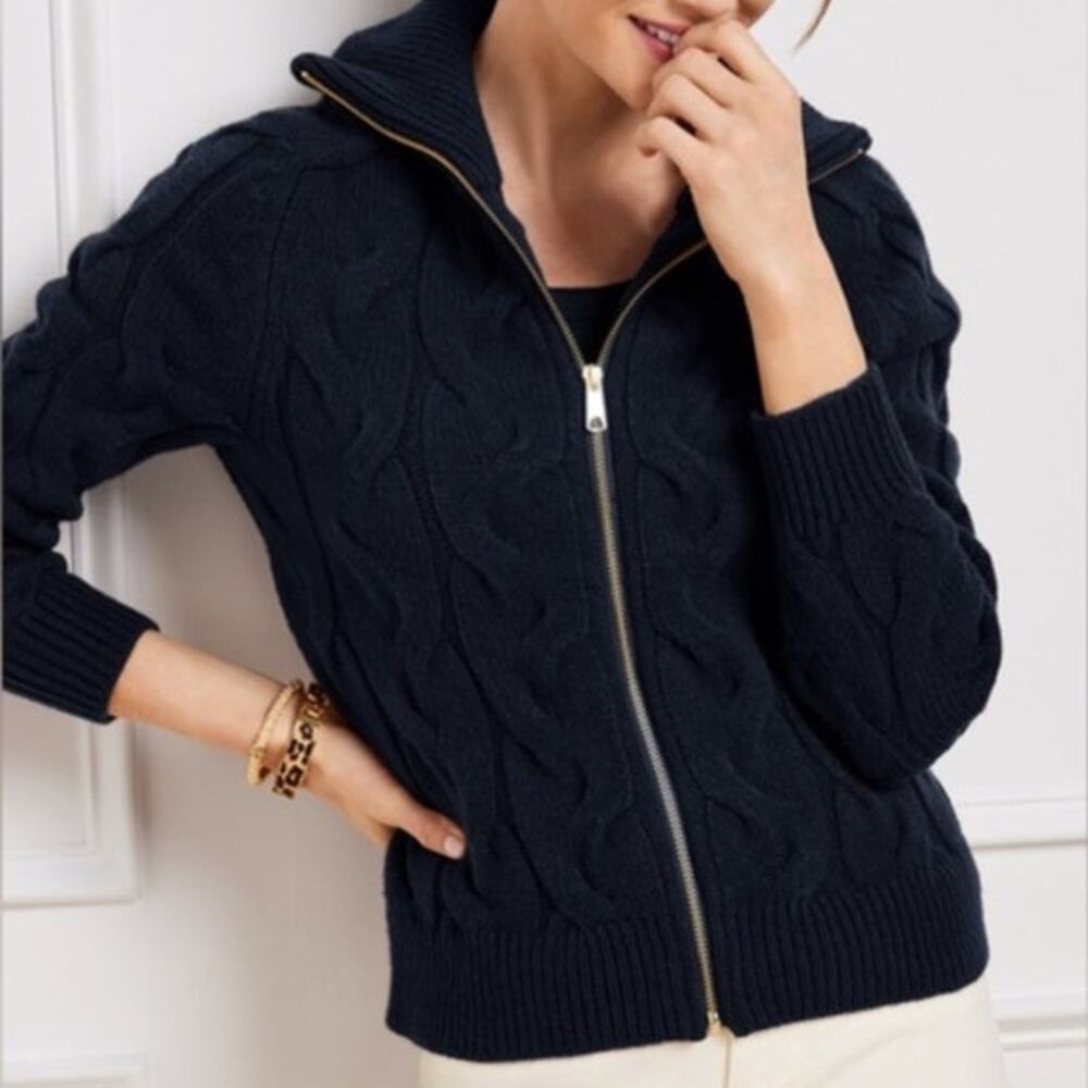 Talbots Thick Chunky Cable knit collared fullzip sweater Navy blue old money XL